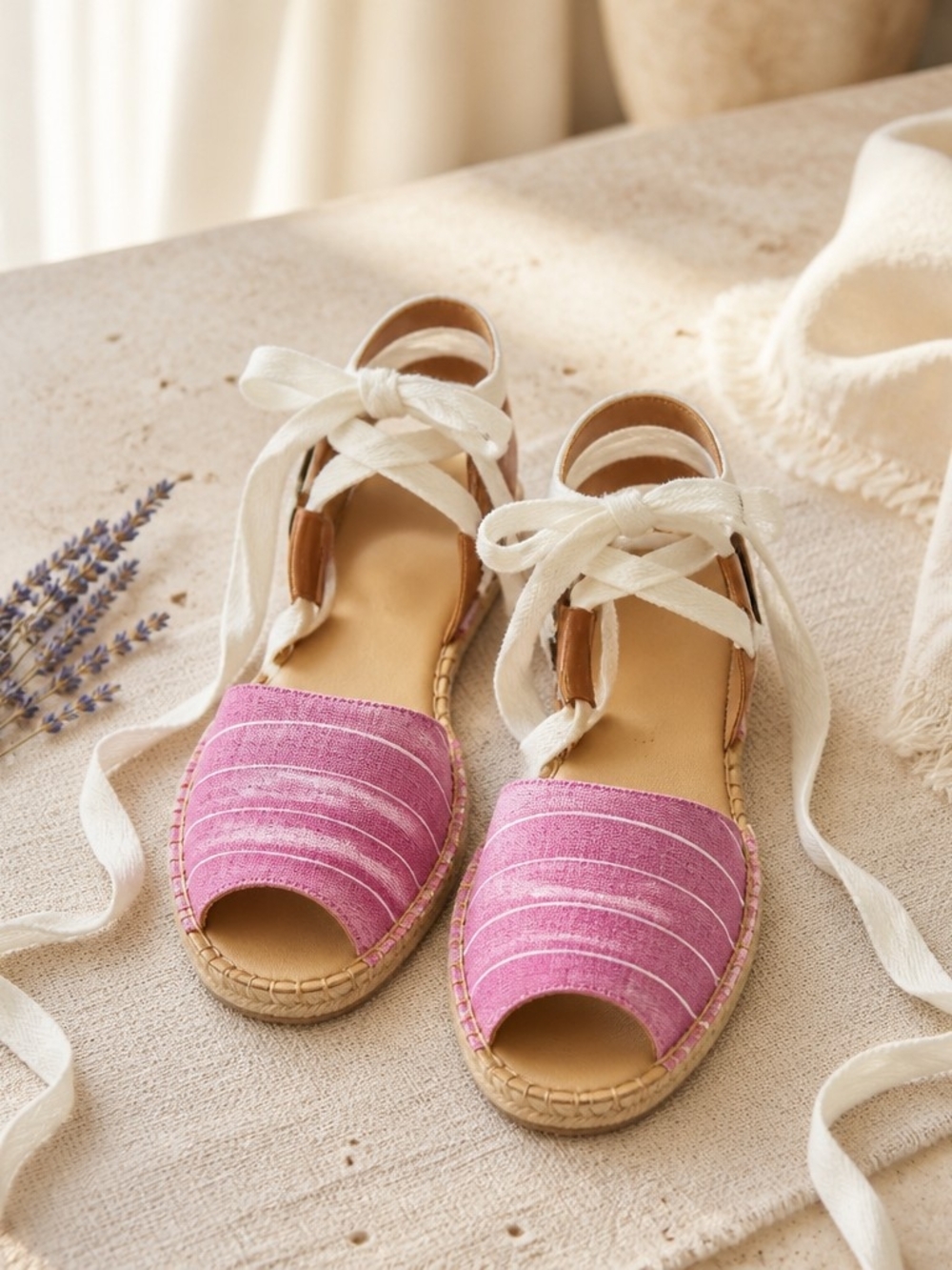 Talbots Lavender Striped Espadrille Sandals with White Ankle Tie Size 8 - Picture 3 of 13